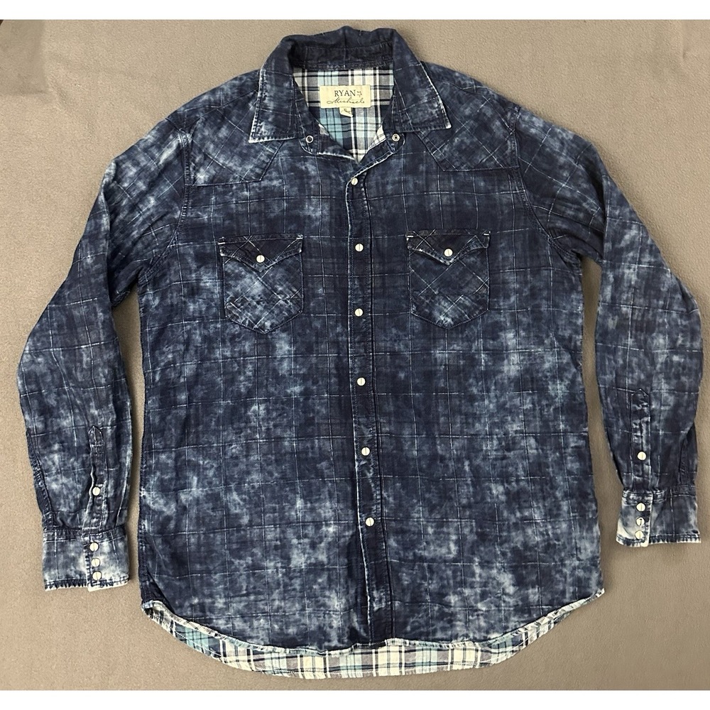 Ryan Michael Short Sleeve Shirt Blue Tie Dye Flannel Lined Pearl Snap Mens XL
